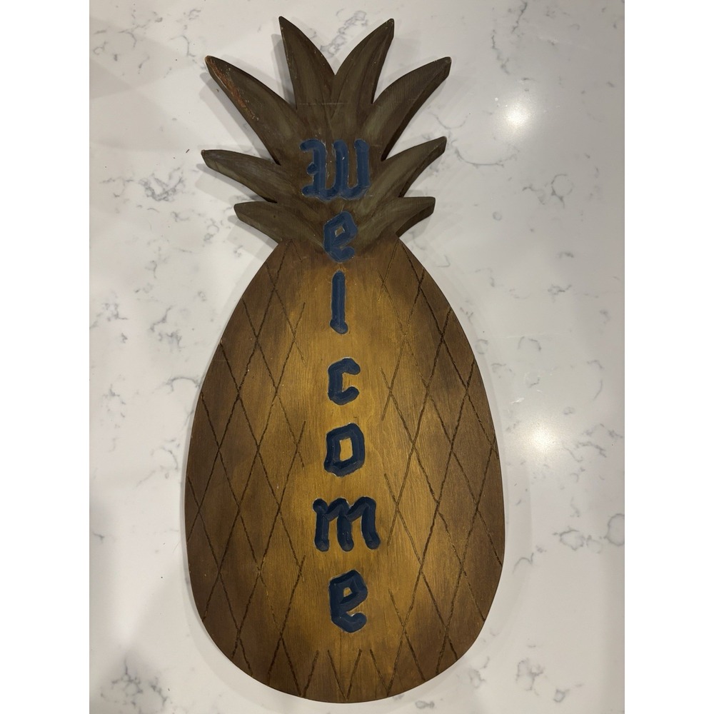VTG Handmade Handpainted Wooden Pineapple WELCOME Sign Wallhanging Primitive 21"